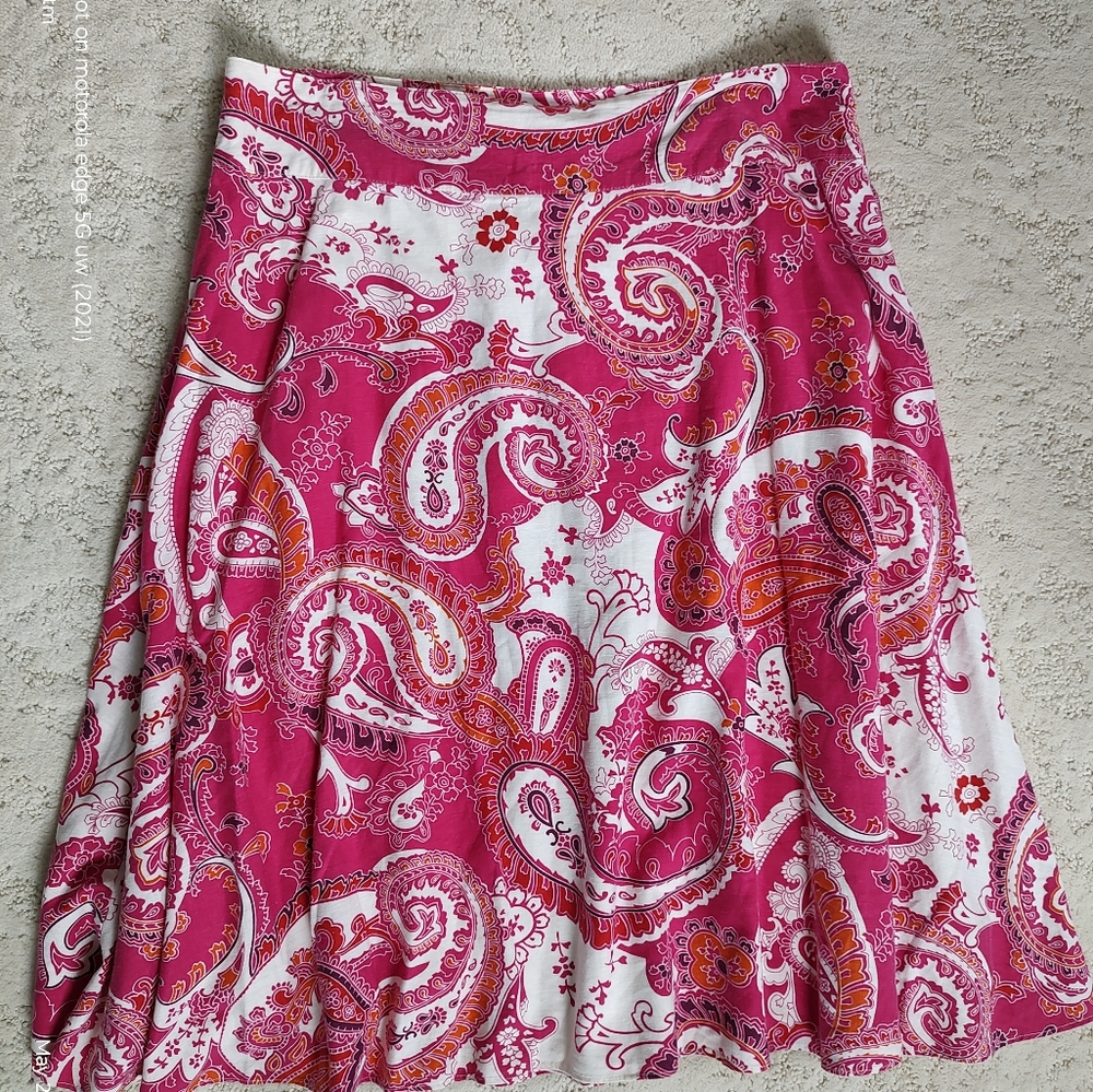 Liz Claiborne Linen Cotton Paisley Pink White Midi Skirt Size Medium - Picture 2 of 3